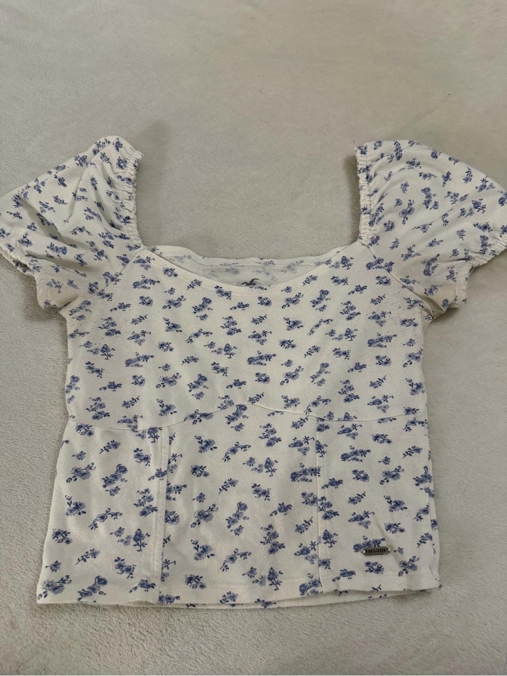 Holister Women's White Floral Square-Neck Top with Blue Print